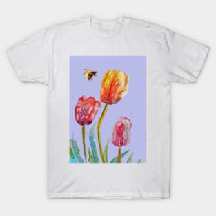 Tulip Flower Watercolor Painting and Bee on Lavender purple T-Shirt